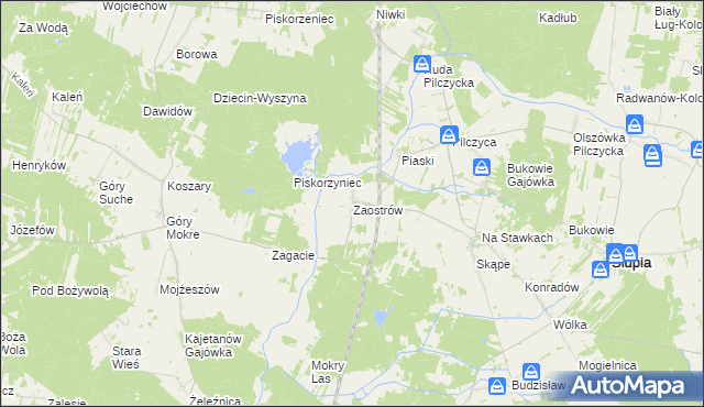 mapa Zaostrów gmina Słupia Konecka, Zaostrów gmina Słupia Konecka na mapie Targeo