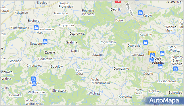 mapa Zawada gmina Bochnia, Zawada gmina Bochnia na mapie Targeo