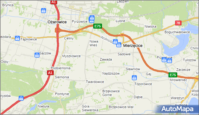 mapa Zawada gmina Mierzęcice, Zawada gmina Mierzęcice na mapie Targeo