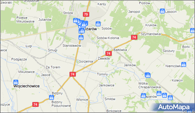 mapa Zawada gmina Ożarów, Zawada gmina Ożarów na mapie Targeo
