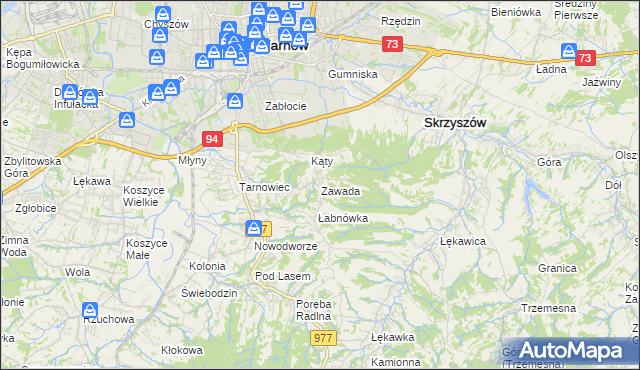 mapa Zawada gmina Tarnów, Zawada gmina Tarnów na mapie Targeo
