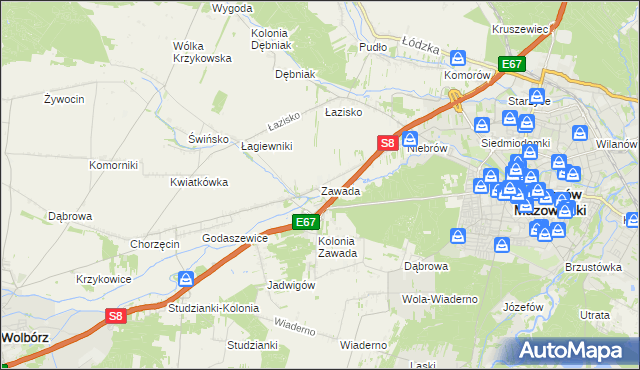 mapa Zawada gmina Tomaszów Mazowiecki, Zawada gmina Tomaszów Mazowiecki na mapie Targeo