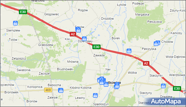 mapa Zawada gmina Wartkowice, Zawada gmina Wartkowice na mapie Targeo