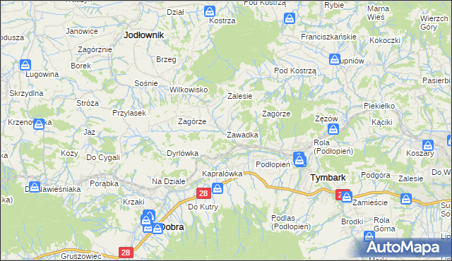 mapa Zawadka gmina Tymbark, Zawadka gmina Tymbark na mapie Targeo