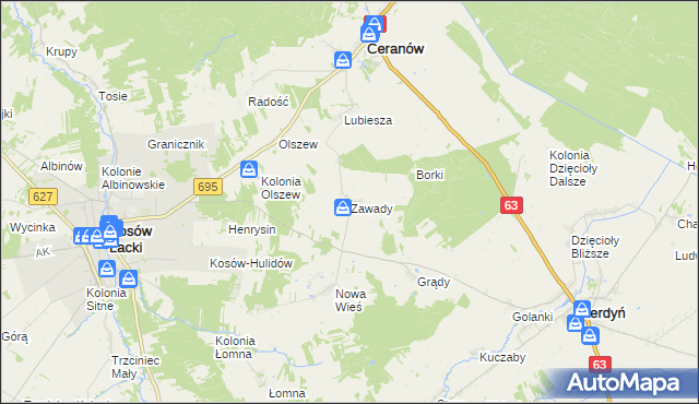 mapa Zawady gmina Ceranów, Zawady gmina Ceranów na mapie Targeo