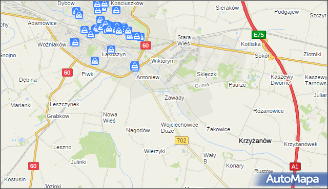 mapa Zawady gmina Krzyżanów, Zawady gmina Krzyżanów na mapie Targeo