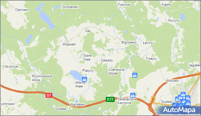 mapa Zawady gmina Olsztynek, Zawady gmina Olsztynek na mapie Targeo