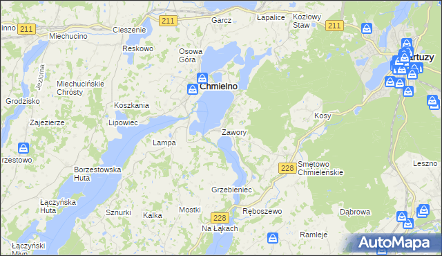 mapa Zawory gmina Chmielno, Zawory gmina Chmielno na mapie Targeo