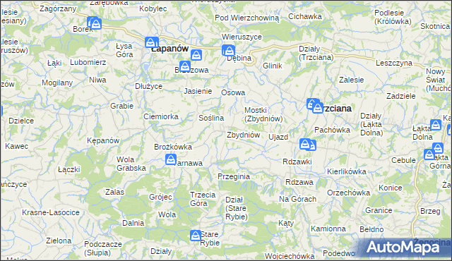 mapa Zbydniów gmina Łapanów, Zbydniów gmina Łapanów na mapie Targeo