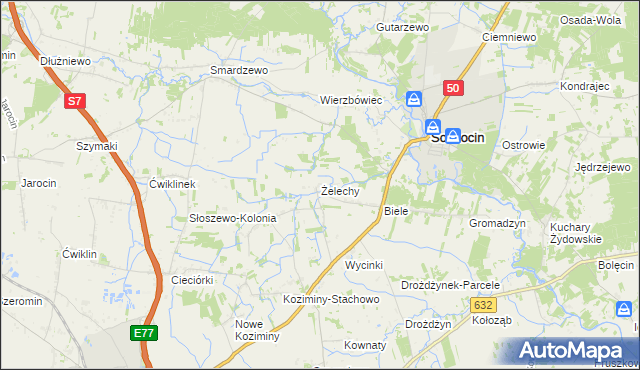 mapa Żelechy gmina Sochocin, Żelechy gmina Sochocin na mapie Targeo