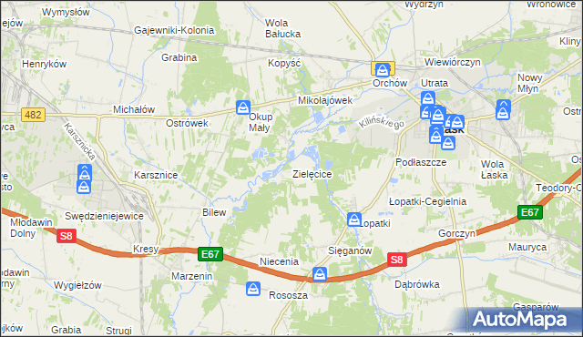 mapa Zielęcice gmina Łask, Zielęcice gmina Łask na mapie Targeo