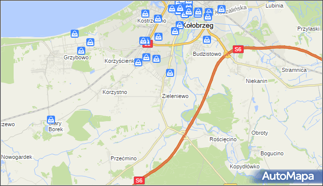 mapa Zieleniewo gmina Kołobrzeg, Zieleniewo gmina Kołobrzeg na mapie Targeo