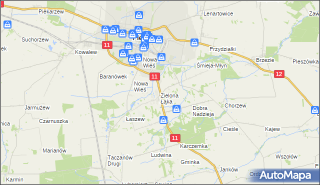 mapa Zielona Łąka gmina Pleszew, Zielona Łąka gmina Pleszew na mapie Targeo