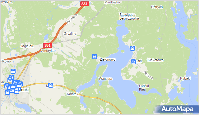 mapa Zielonowo gmina Stawiguda, Zielonowo gmina Stawiguda na mapie Targeo