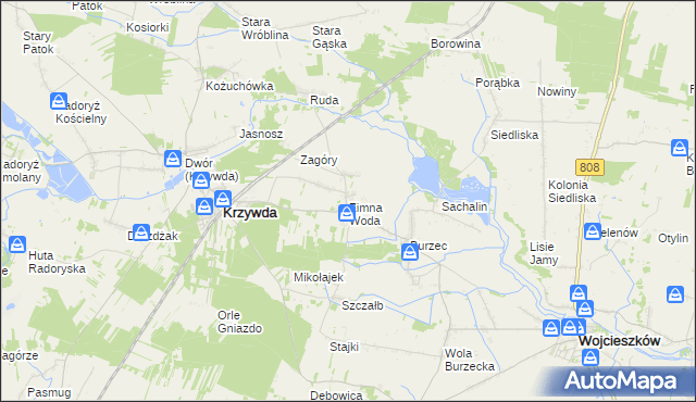 mapa Zimna Woda gmina Krzywda, Zimna Woda gmina Krzywda na mapie Targeo