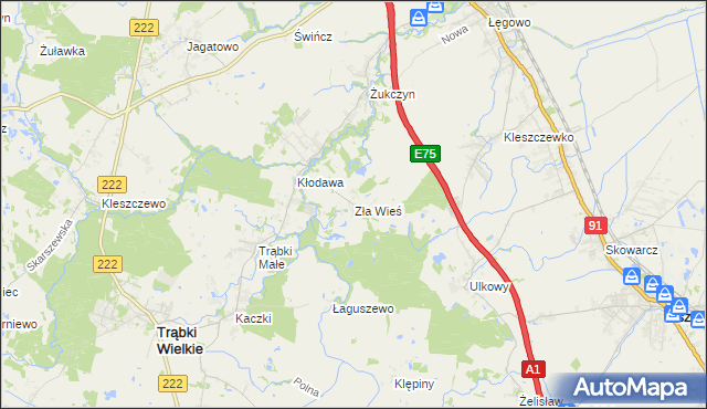 mapa Zła Wieś gmina Trąbki Wielkie, Zła Wieś gmina Trąbki Wielkie na mapie Targeo