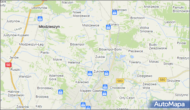 mapa Żuków gmina Sochaczew, Żuków gmina Sochaczew na mapie Targeo