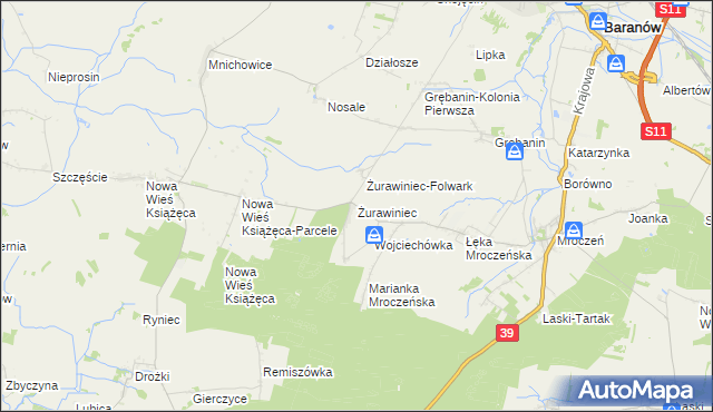 mapa Żurawiniec gmina Baranów, Żurawiniec gmina Baranów na mapie Targeo