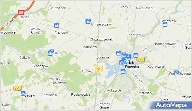 mapa Żurawka gmina Biała Rawska, Żurawka gmina Biała Rawska na mapie Targeo