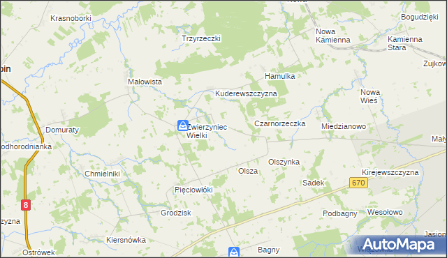 mapa Zwierzyniec Mały gmina Dąbrowa Białostocka, Zwierzyniec Mały gmina Dąbrowa Białostocka na mapie Targeo