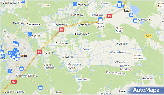 mapa Zwoleń gmina Gostynin, Zwoleń gmina Gostynin na mapie Targeo