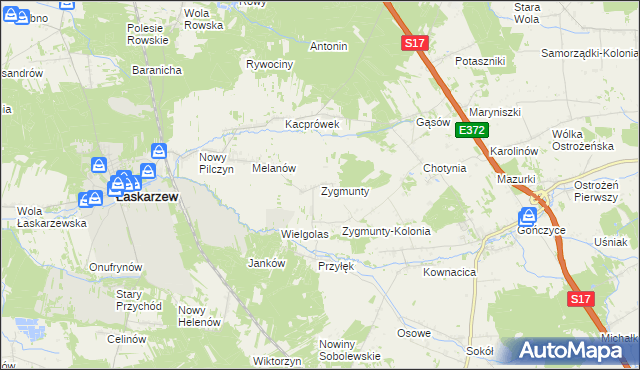 mapa Zygmunty gmina Łaskarzew, Zygmunty gmina Łaskarzew na mapie Targeo