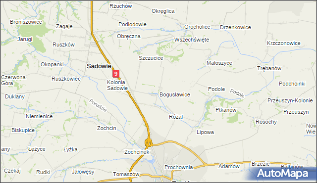 mapa Bogusławice gmina Sadowie, Bogusławice gmina Sadowie na mapie Targeo