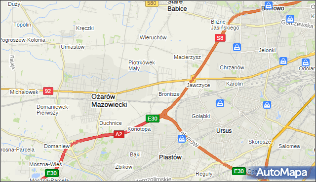 mapa Bronisze gmina Ożarów Mazowiecki, Bronisze gmina Ożarów Mazowiecki na mapie Targeo