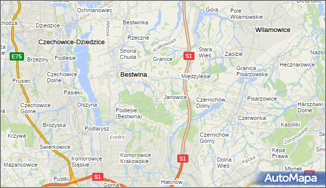 mapa Janowice gmina Bestwina, Janowice gmina Bestwina na mapie Targeo