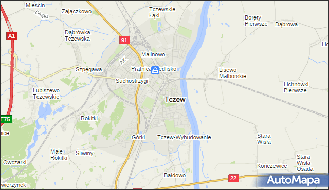 mapa Tczew, Tczew na mapie Targeo