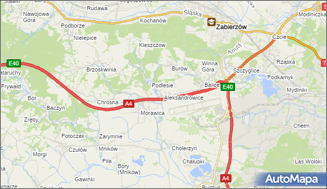 mapa Aleksandrowice gmina Zabierzów, Aleksandrowice gmina Zabierzów na mapie Targeo