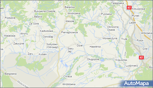 mapa Dział gmina Czarny Dunajec, Dział gmina Czarny Dunajec na mapie Targeo