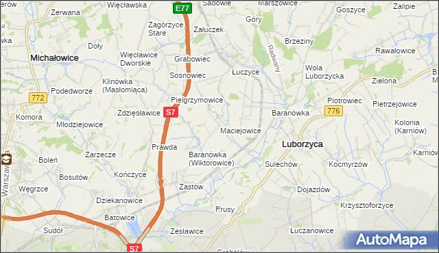 mapa Maciejowice gmina Kocmyrzów-Luborzyca, Maciejowice gmina Kocmyrzów-Luborzyca na mapie Targeo