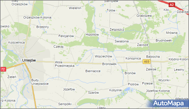 mapa Wojciechów gmina Wartkowice, Wojciechów gmina Wartkowice na mapie Targeo