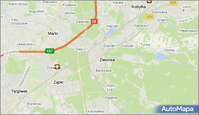 mapa Zielonka powiat wołomiński, Zielonka powiat wołomiński na mapie Targeo