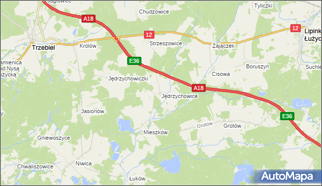 mapa Jędrzychowice gmina Trzebiel, Jędrzychowice gmina Trzebiel na mapie Targeo