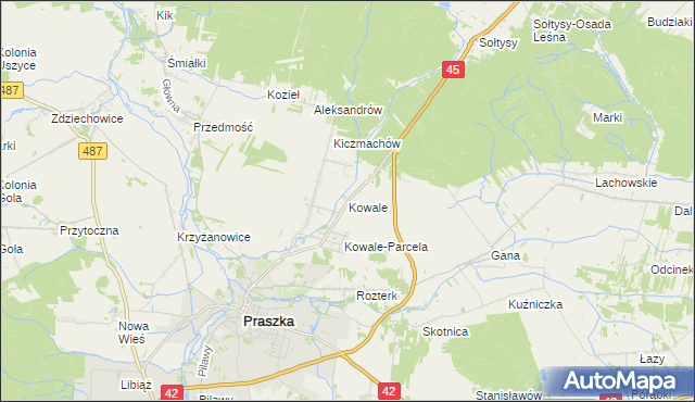 mapa Kowale gmina Praszka, Kowale gmina Praszka na mapie Targeo