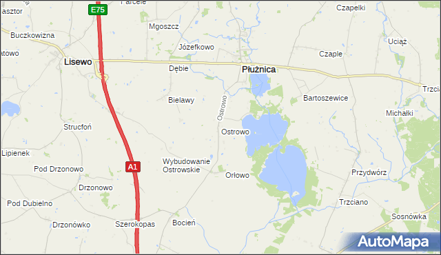 mapa Ostrowo gmina Płużnica, Ostrowo gmina Płużnica na mapie Targeo