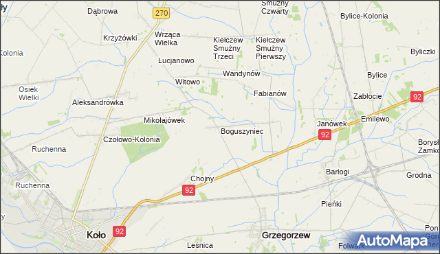 mapa Boguszyniec gmina Grzegorzew, Boguszyniec gmina Grzegorzew na mapie Targeo