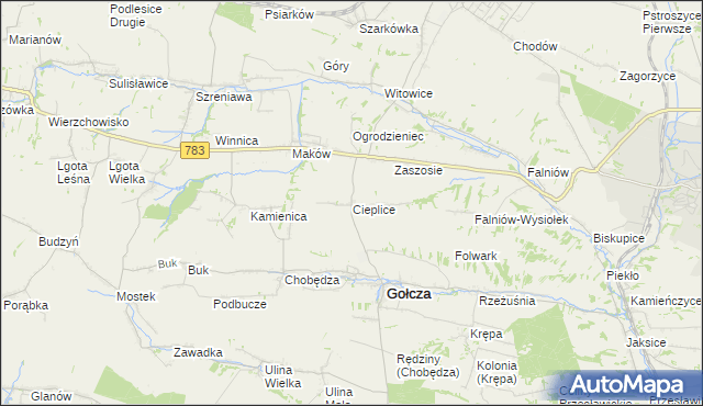 mapa Cieplice gmina Gołcza, Cieplice gmina Gołcza na mapie Targeo