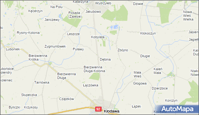 mapa Dębina gmina Kłodawa, Dębina gmina Kłodawa na mapie Targeo