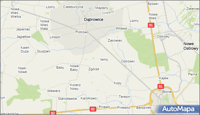 mapa Iwiny gmina Dąbrowice, Iwiny gmina Dąbrowice na mapie Targeo