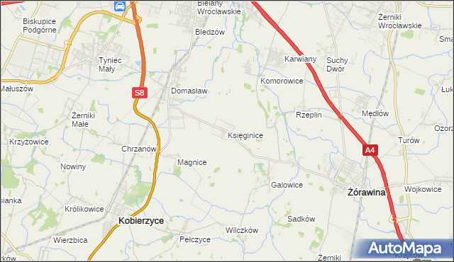 mapa Księginice gmina Kobierzyce, Księginice gmina Kobierzyce na mapie Targeo