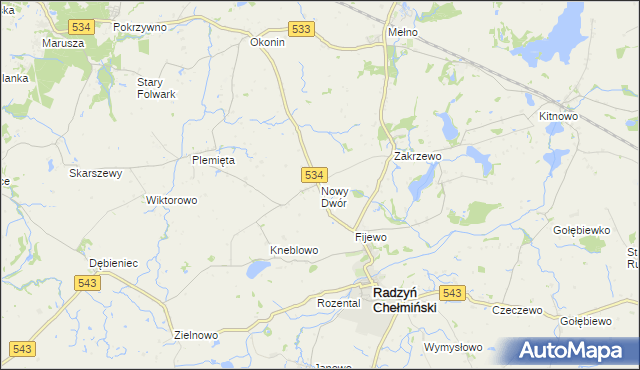 mapa Nowy Dwór gmina Radzyń Chełmiński, Nowy Dwór gmina Radzyń Chełmiński na mapie Targeo