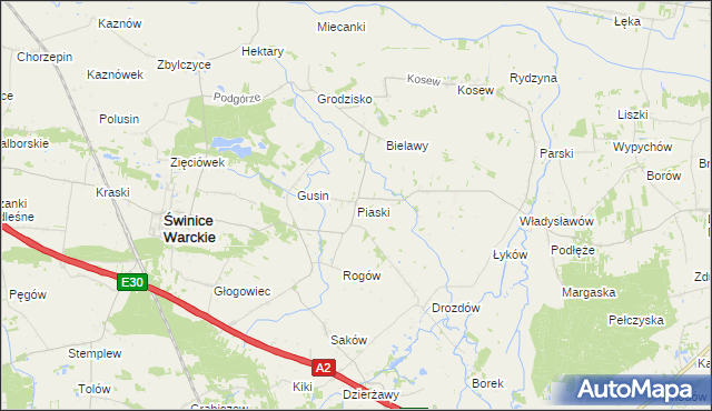 mapa Piaski gmina Świnice Warckie, Piaski gmina Świnice Warckie na mapie Targeo