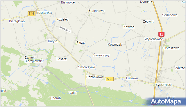 mapa Świerczyny gmina Łysomice, Świerczyny gmina Łysomice na mapie Targeo