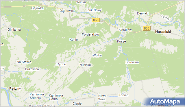 mapa Wólka gmina Harasiuki, Wólka gmina Harasiuki na mapie Targeo