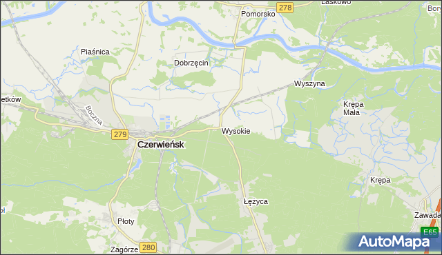 mapa Wysokie gmina Czerwieńsk, Wysokie gmina Czerwieńsk na mapie Targeo