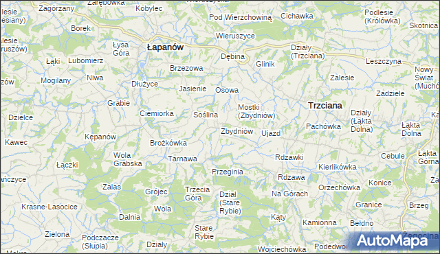 mapa Zbydniów gmina Łapanów, Zbydniów gmina Łapanów na mapie Targeo