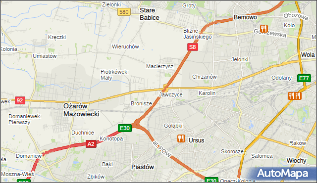 mapa Jawczyce gmina Ożarów Mazowiecki, Jawczyce gmina Ożarów Mazowiecki na mapie Targeo